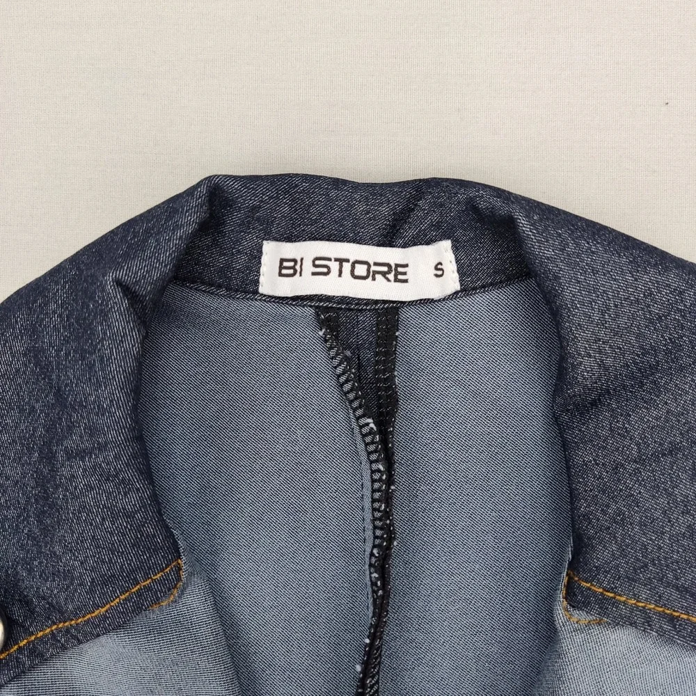 Bi Store Blazer Womens‎ S Blue Denim Look Puff Shoulder Double Breasted Stretch